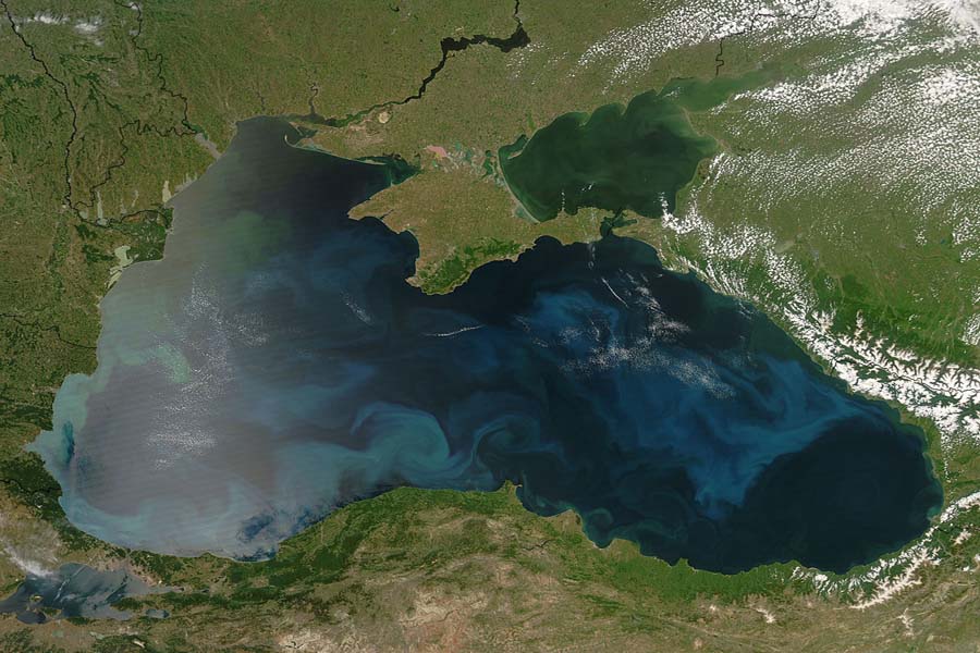 Цветение фитопланктона в Черном море, фото со спутника NASA Aqua, с сайта rapidfire.sci.gsfc.nasa.gov