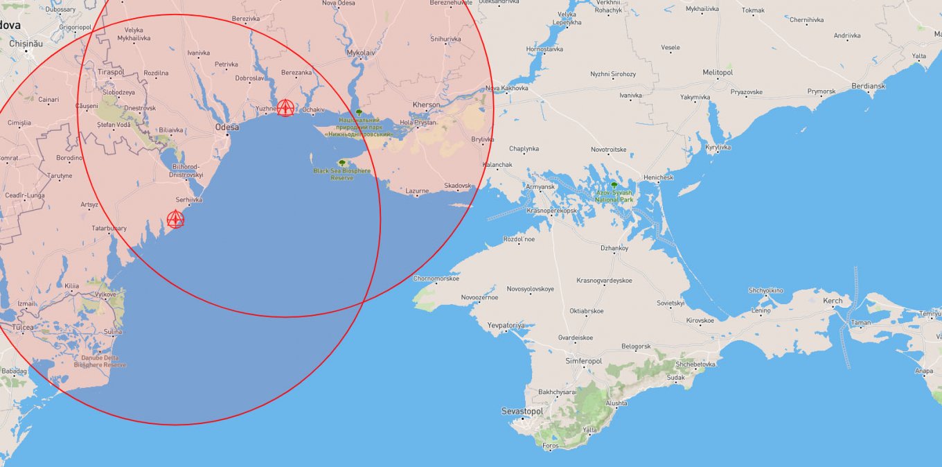 Орієнтовні зони прикриття Harpoon Coastal Defense System акваторії виходячи із теоретично можливих пускових районів.